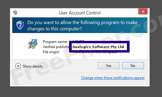 Screenshot where Auslogics Software Pty Ltd appears as the verified publisher in the UAC dialog